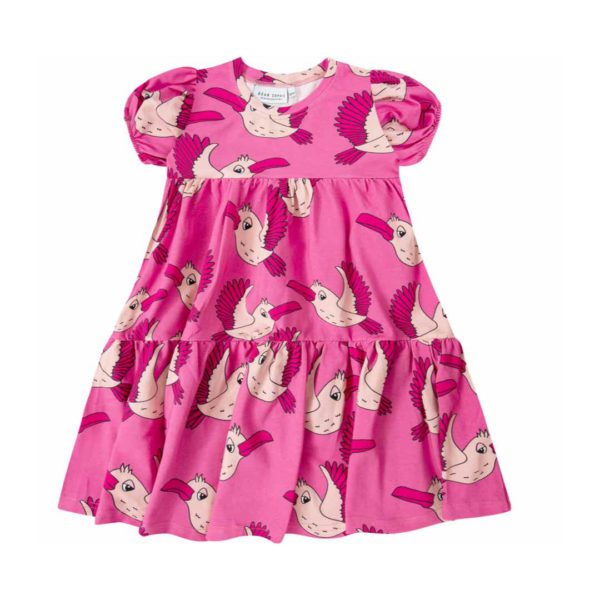 Dear Sophie jurk met vogel print voor meisjes in de kleur roze.