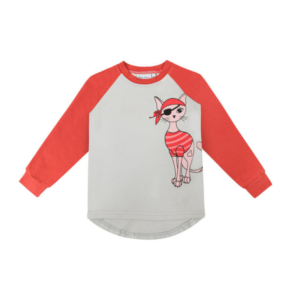 Dear Sophie dunne trui met piratenkat print voor jongens en meisjes in de kleur grijs en rood. De trui heeft een ronde hals waarvan de uiteinden zijn afgewerkt met elastische boorden waardoor de trui mooi aansluit.