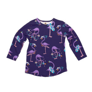 Paarse dunne trui met flamingo print voor meisjes en jongens van Mullido.