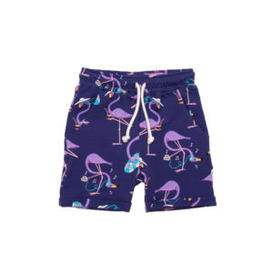 Paarse korte broek met flamingo print voor meisjes en jongens van Mullido.