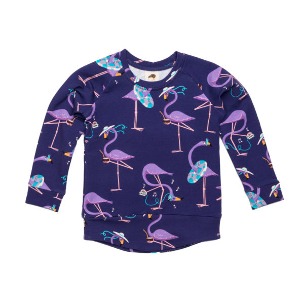 Paarse trui met flamingo print voor meisjes en jongens van Mullido.