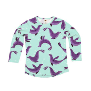 Dunne trui met zeehond print voor jongens en meisjes in de kleur munt van Mullido.